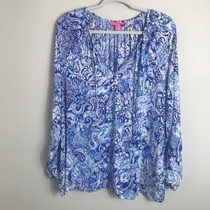Lilly Pulitzer Rayon Popover Blouse-Blue Green-XL